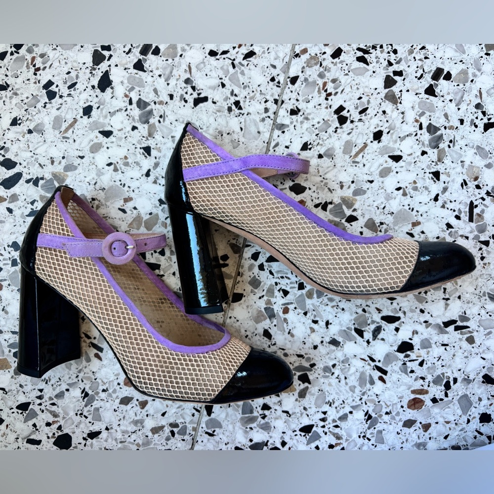 KK Dodds Black Patent, Cream Mesh, and Lavender Suede Pumps with Ankle Strap